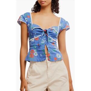 Free People Call Me Baby Cap Sleeve Button Up Shirt in Blue Quartz‎ Size XL